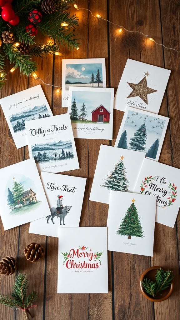 Aesthetic Christmas cards with various designs on a wooden table, decorated with pine branches and lights.